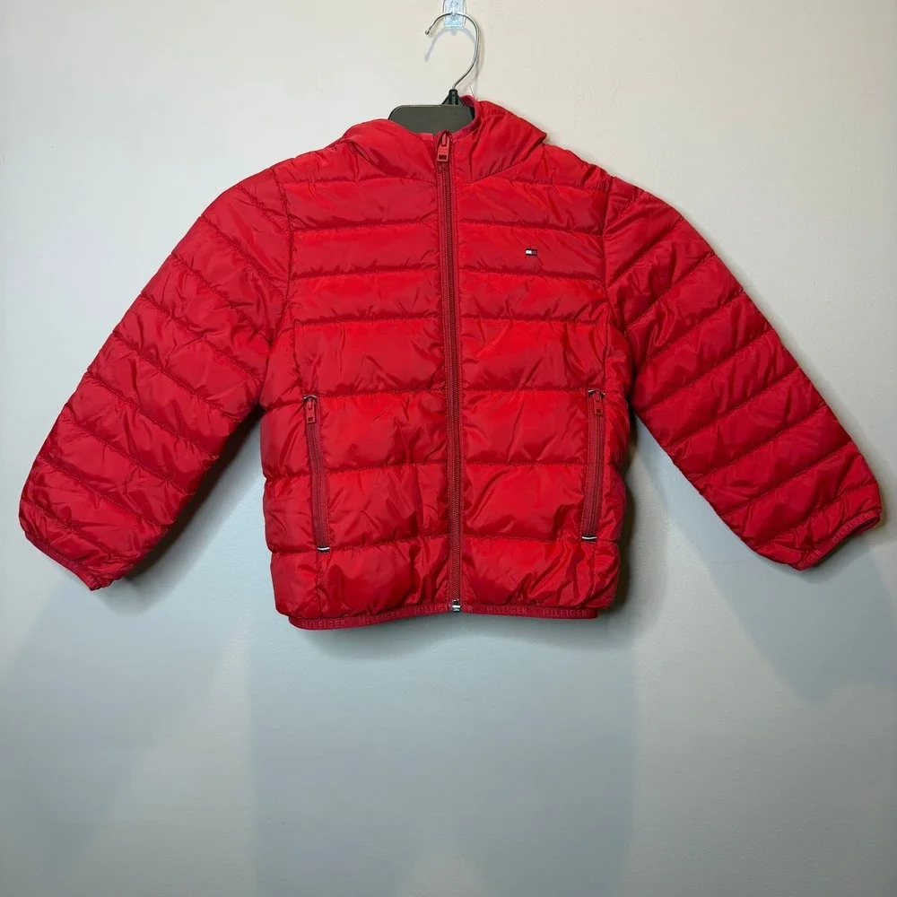 NWOT Tommy Hilfiger Red Puffer Jacket Hooded Water Resistant Kids Size XS 4-5